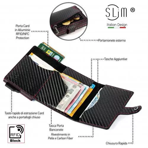 Porta carte di credito SLim® in Pelle Carbon Fiber (Nero con Cassa e Cuciture Rosse)
