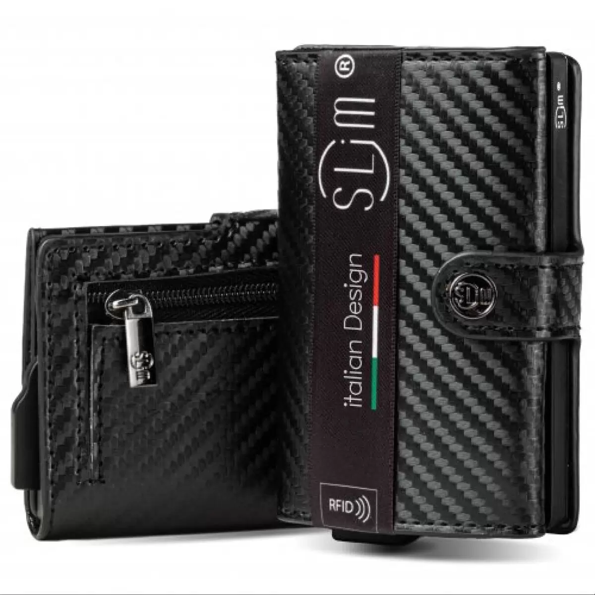 Porta carte di credito SLim® in pelle carbon fiber nero con zip