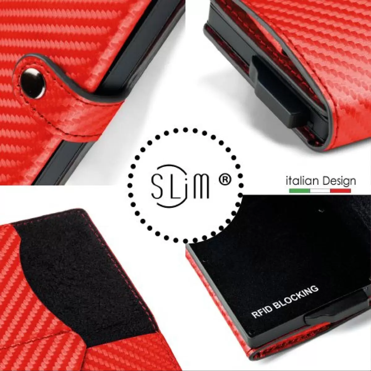 Porta carte di credito SLim® in pelle carbon fiber rosso con zip