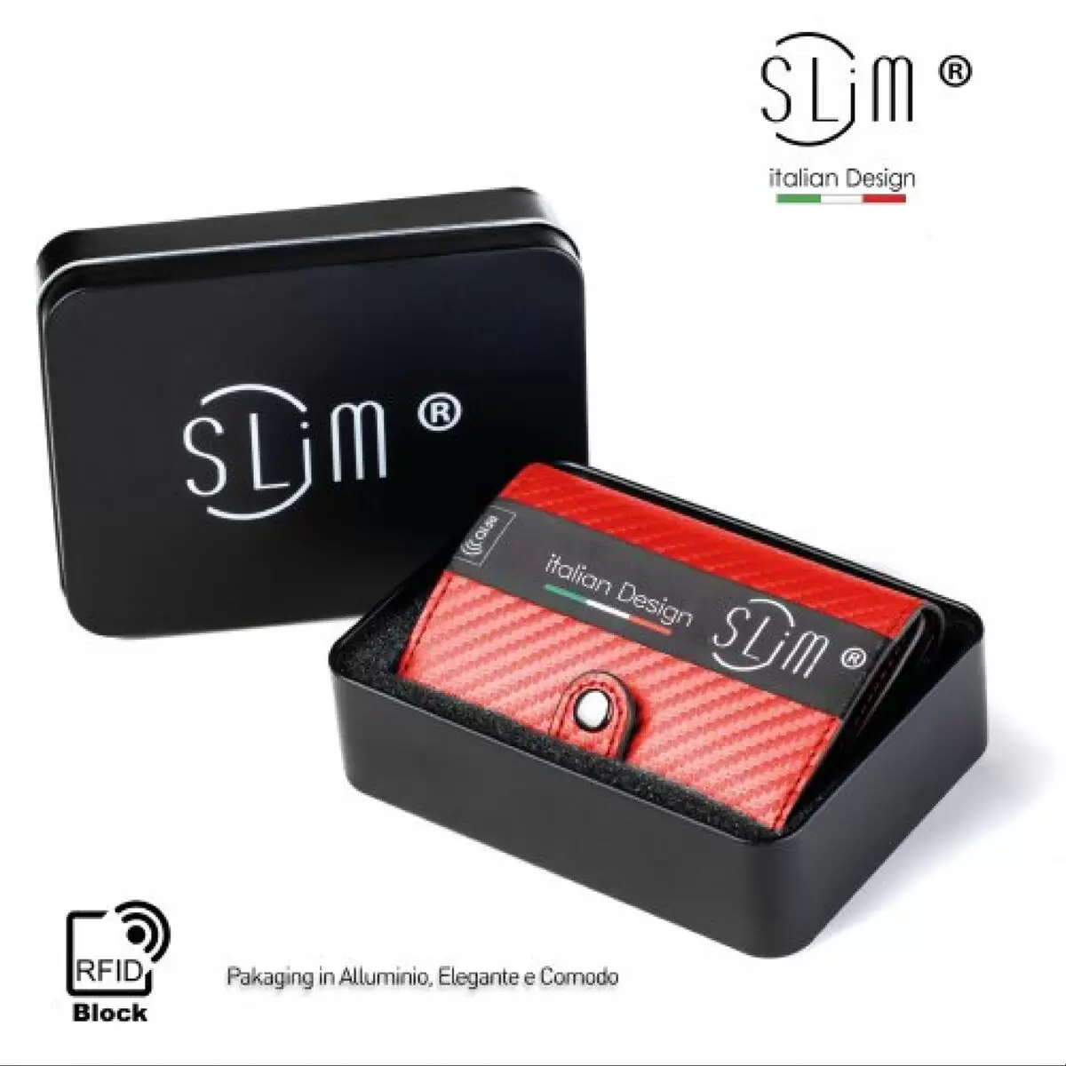 Porta carte di credito SLim® in pelle carbon fiber rosso con zip
