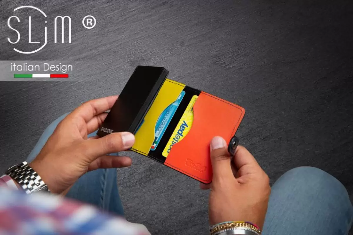 Porta carte di credito SLim® in vera pelle (blu con interno multicolor)