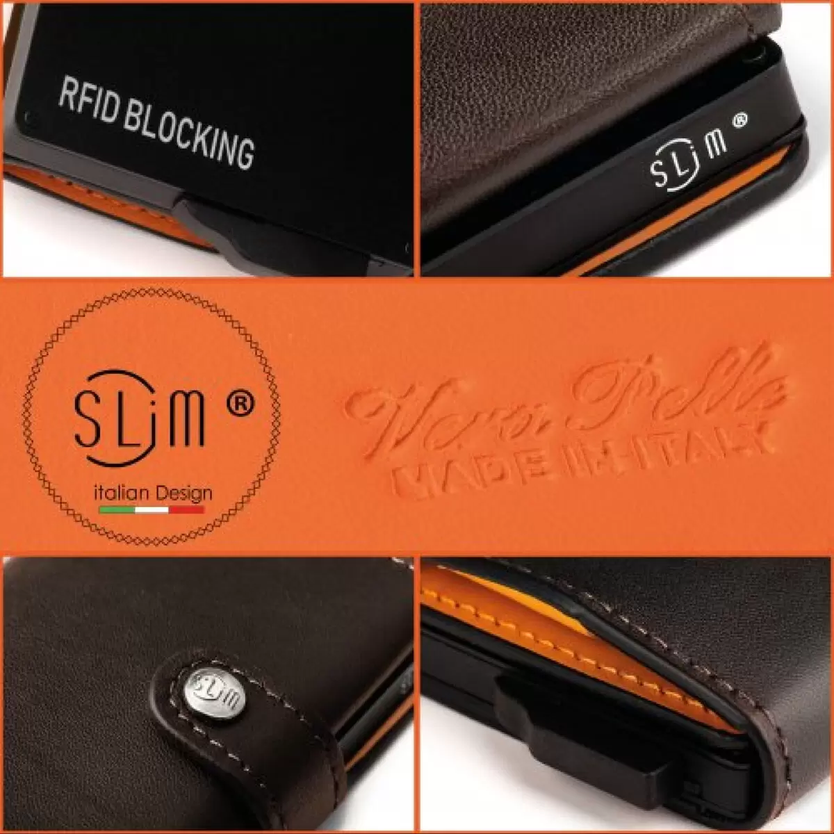 Porta carte di credito SLim® in vera pelle (nero con Interno arancio in pelle)